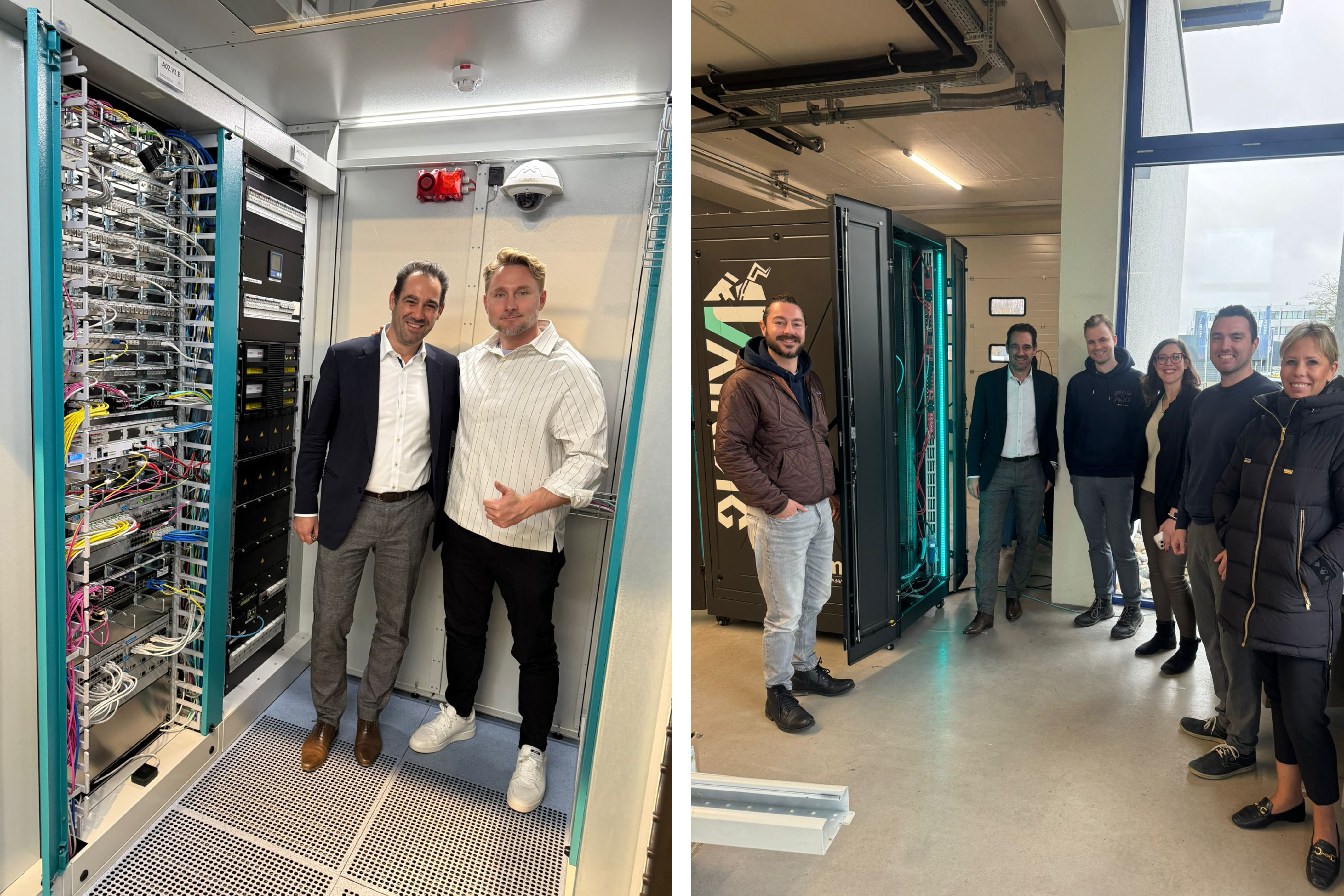 Jan Moll und Kristian Kläger im Datacenter und daneben das terahash Team neben dem datarack